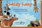 Close-up of the 'Wildly Funny' Leanin' Tree greeting card assortment box cover, featuring a whimsical stack of various animals like a horse, dog, cat, duck, and turtle with smaller critters.