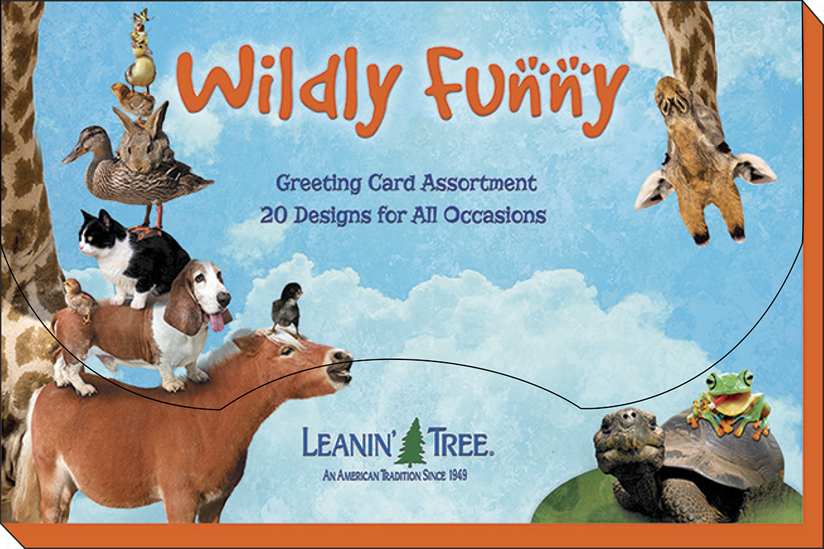 Close-up of the 'Wildly Funny' Leanin' Tree greeting card assortment box cover, featuring a whimsical stack of various animals like a horse, dog, cat, duck, and turtle with smaller critters.