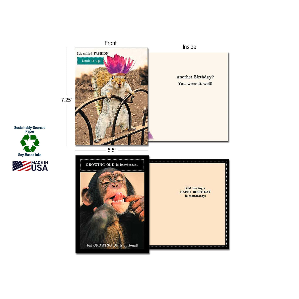 Product display of two cards: a squirrel with a feather hat ('It's called Fashion') and a chimpanzee making a funny face ('Growing Old is Inevitable').