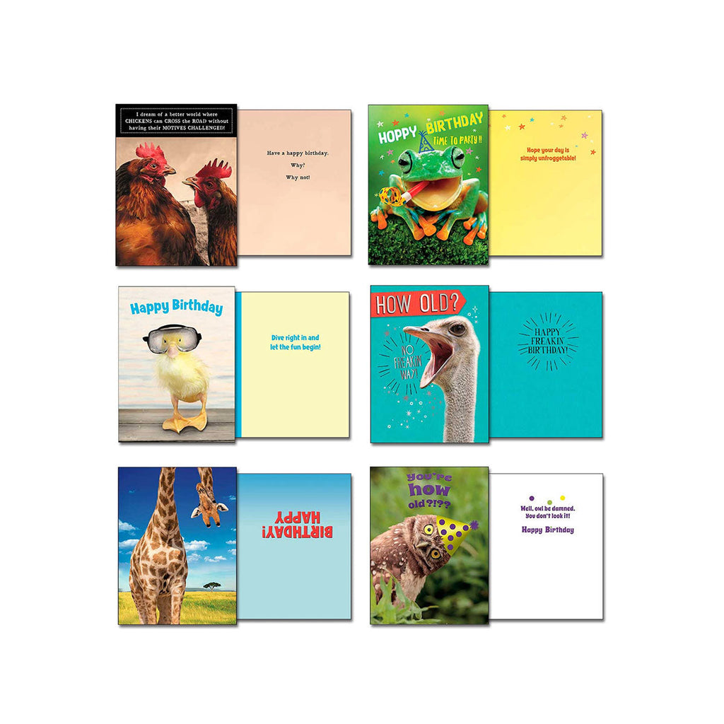 Four pairs of open humorous Leanin' Tree birthday cards: chickens with 'I dream of a better world...', a frog with 'HOPPY BIRTHDAY', a duckling with 'Happy Birthday' and diving gear, and an ostrich asking 'HOW OLD?' with a party hat.