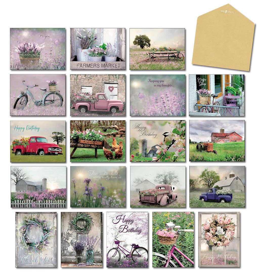 Full display of 20 assorted Lori Deiter's Country Daydreams greeting cards, featuring various country-themed photography designs like lavender, vintage trucks, barns, and bicycles, presented with a blank kraft envelope.