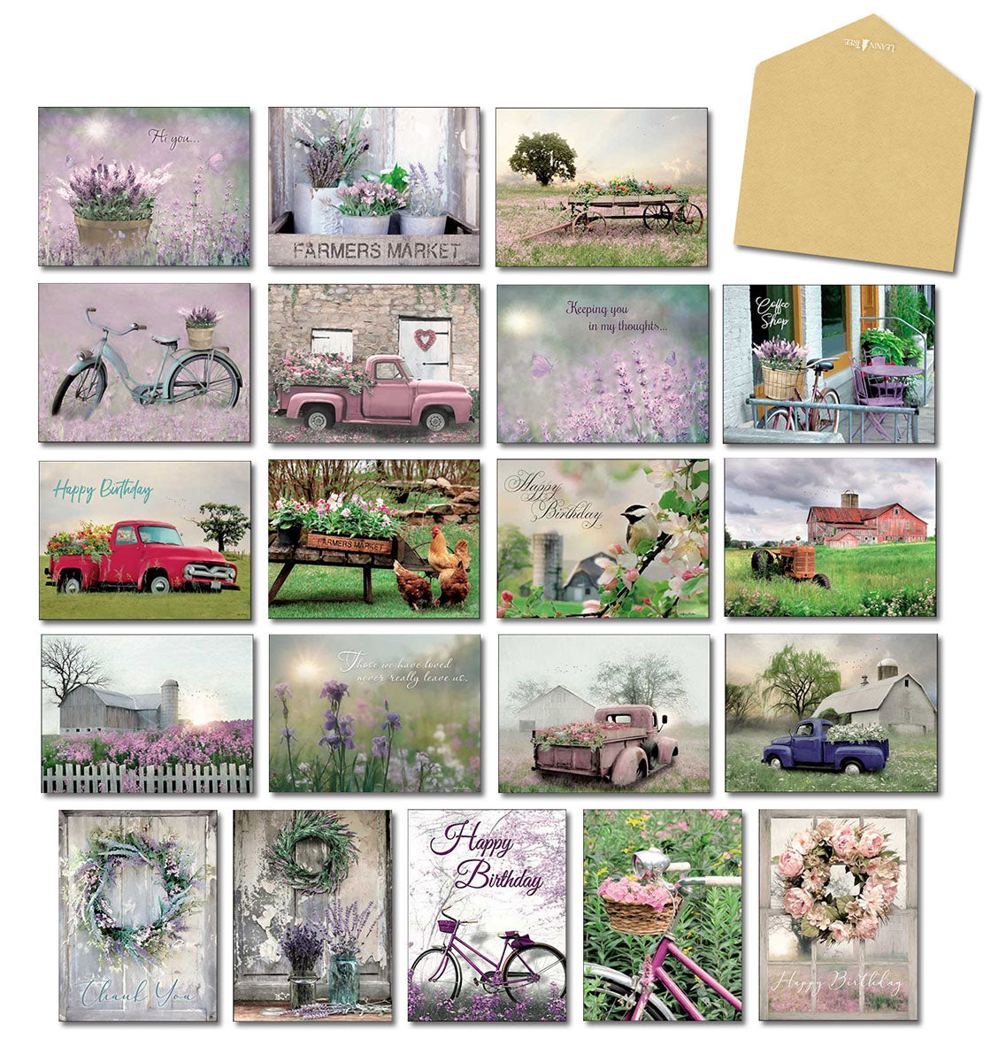 Full display of 20 assorted Lori Deiter's Country Daydreams greeting cards, featuring various country-themed photography designs like lavender, vintage trucks, barns, and bicycles, presented with a blank kraft envelope.