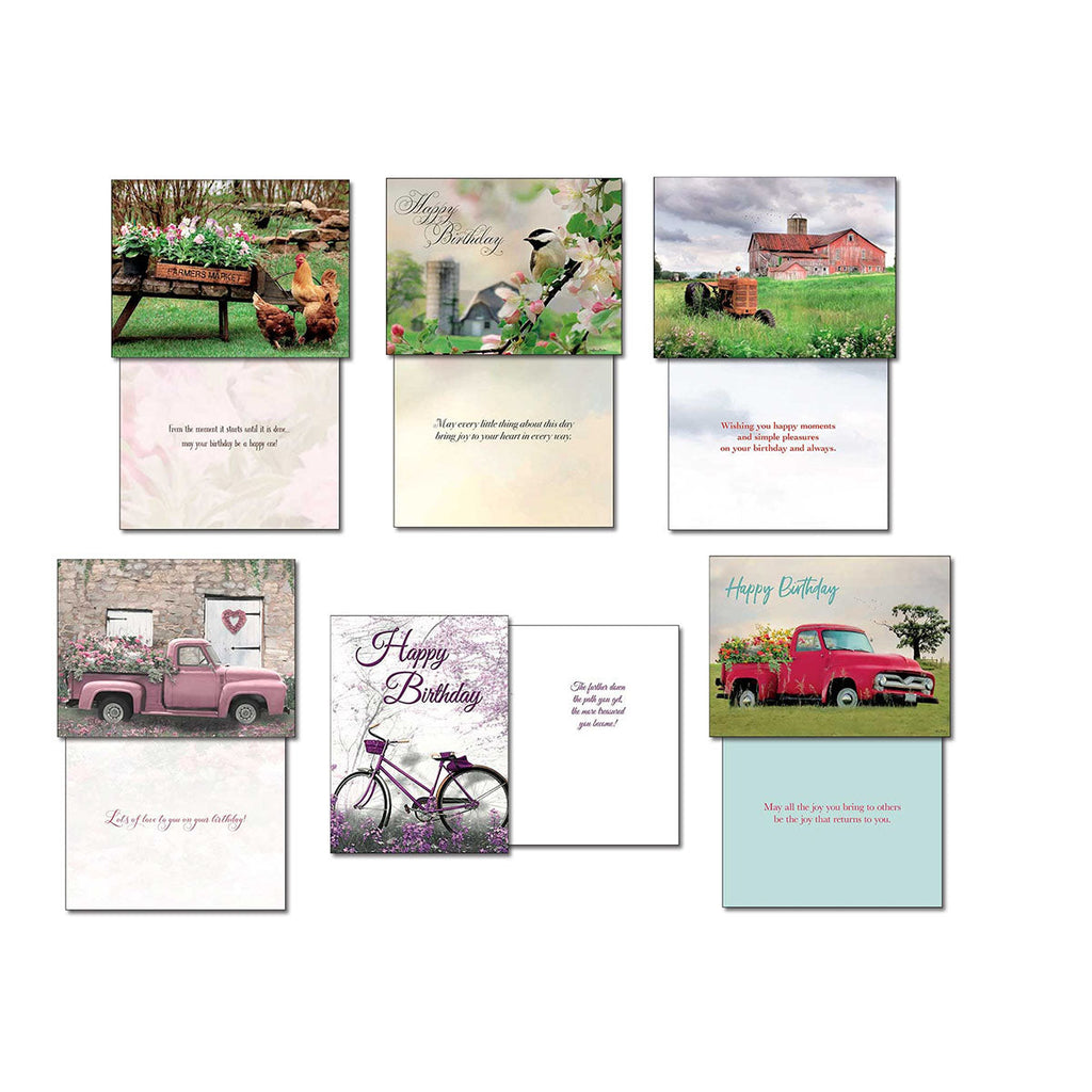 Arrangement of nine assorted country-themed greeting cards, showing both their photographic front designs and their unique interior messages, including farm market, bird, barn with tractor, and vintage truck scenes.