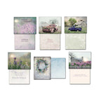 Layout of nine diverse greeting cards from the assortment, revealing their front imagery and accompanying interior sentiments, featuring lavender fields, old trucks, barns, iris flowers, and a floral wreath.