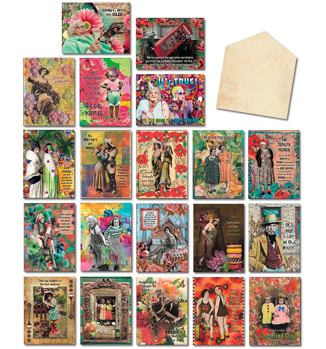 Assortment of 20 funny and sassy vintage-style greeting cards from Leanin' Tree, featuring humorous quotes and artistic collages perfect for various occasions.