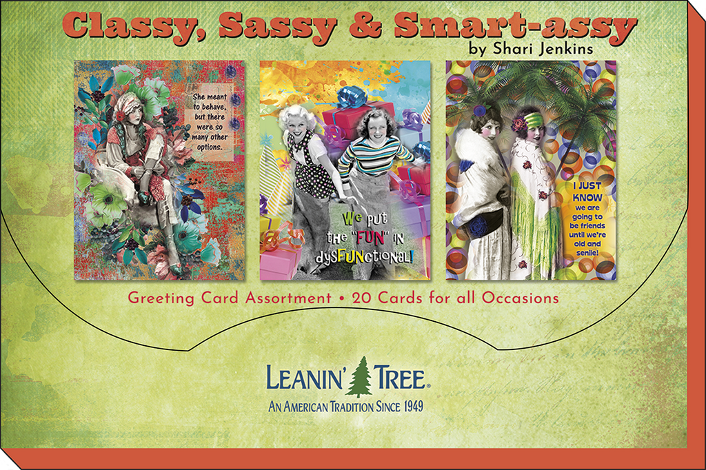 Leanin' Tree 'Classy, Sassy & Smart-assy' greeting card assortment box, showcasing three sample card designs and mentioning '20 Cards for all Occasions'.