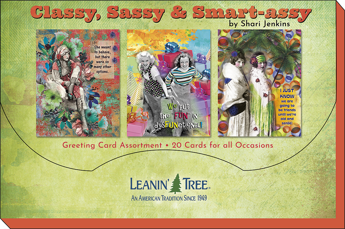 Leanin' Tree 'Classy, Sassy & Smart-assy' greeting card assortment box, showcasing three sample card designs and mentioning '20 Cards for all Occasions'.