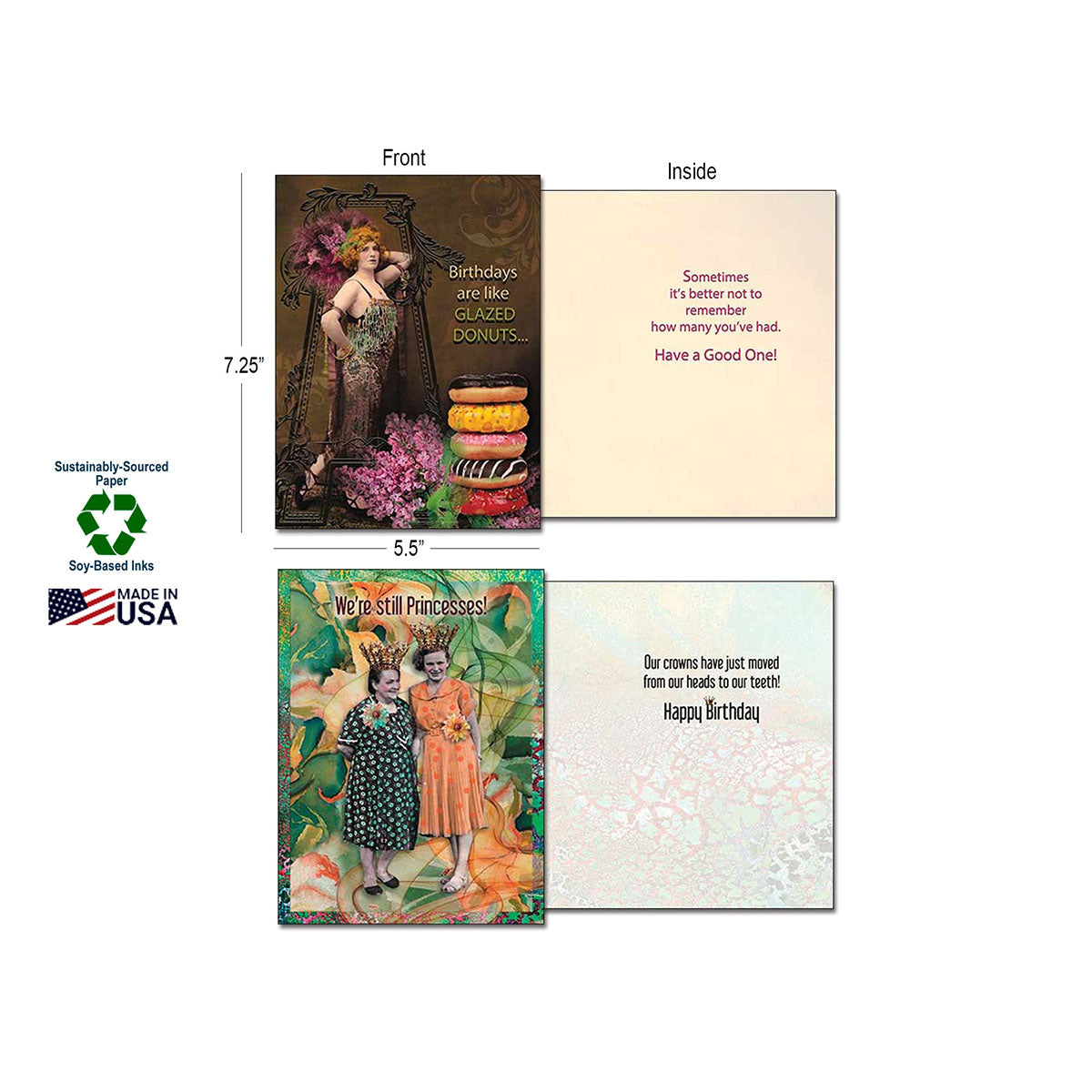 Two greeting card examples showing front and inside, with dimensions and eco-friendly details like 'Made in USA' and 'Soy-Based Inks'.
