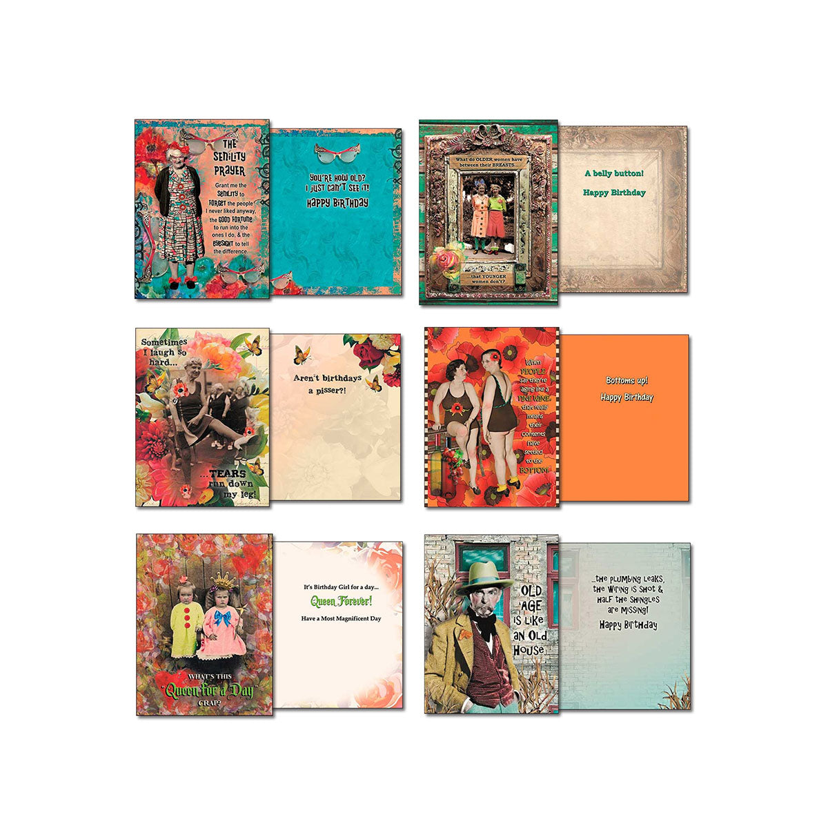 A variety of funny greeting card fronts and their corresponding interiors, showcasing humorous messages and vintage imagery.