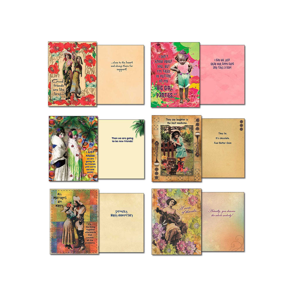 Collection of eight funny Leanin' Tree cards, showcasing fronts and inside messages with themes of friendship, anniversaries, and lighthearted humor.