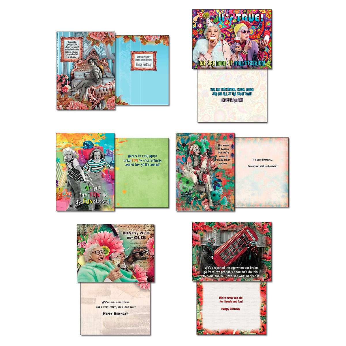 Selection of humorous cards from the assortment, featuring aging jokes, friendship quotes, and vibrant artistic designs.