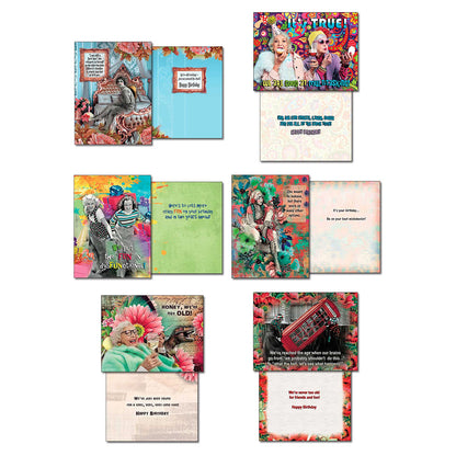 Selection of humorous cards from the assortment, featuring aging jokes, friendship quotes, and vibrant artistic designs.