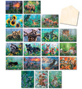 Assorted wildlife greeting cards collection with deer, fox, bear, rabbit, moose, squirrel, and various bird designs, suitable for all occasions, displayed with a blank envelope.