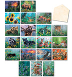 Assorted wildlife greeting cards collection with deer, fox, bear, rabbit, moose, squirrel, and various bird designs, suitable for all occasions, displayed with a blank envelope.