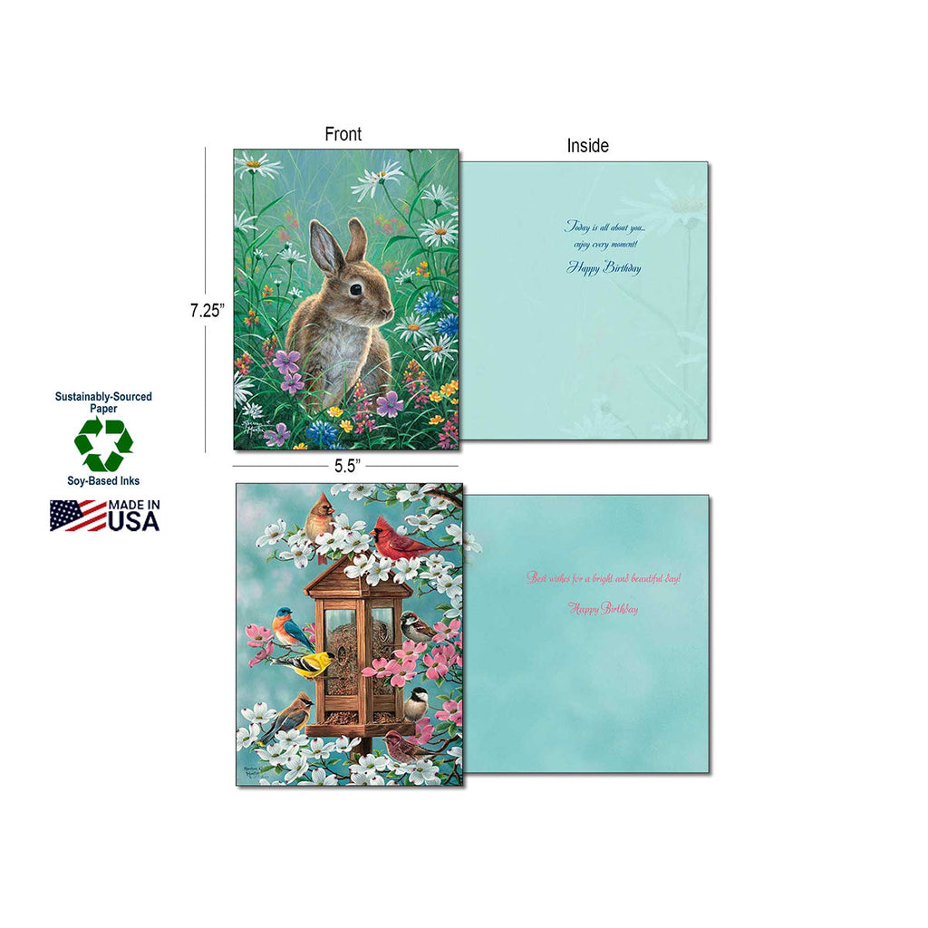Greeting card specifications, showing 7.25x5.5 inch dimensions, front and inside views of rabbit and bird feeder cards, highlighting sustainably-sourced paper, soy-based inks, and Made in USA.
