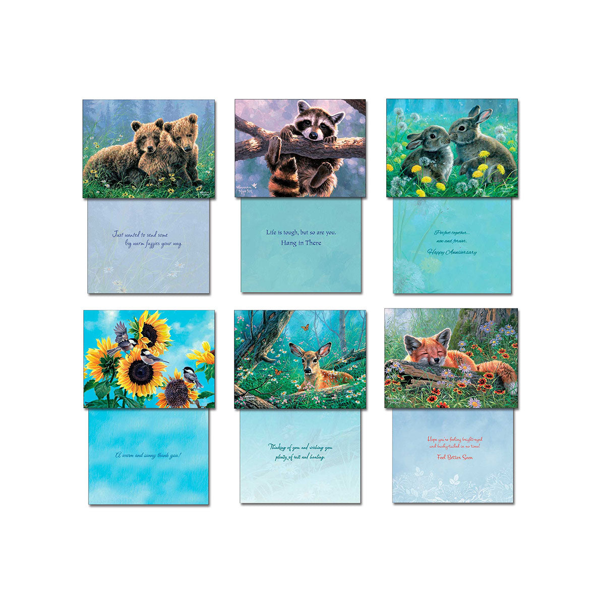 Nine diverse nature-themed greeting cards open to show inside messages: 'Hang in There,' 'Happy Anniversary,' 'Get Better Soon,' 'Thinking of you,' 'Thank you,' featuring bears, fox, raccoons, deer, and rabbits.