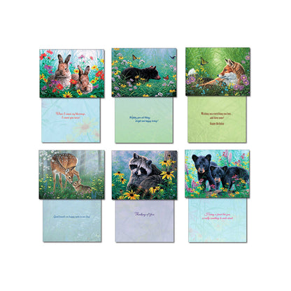 Six assorted greeting cards and their corresponding inside messages, featuring rabbits, bear, fox, deer, raccoon, and bear cubs.