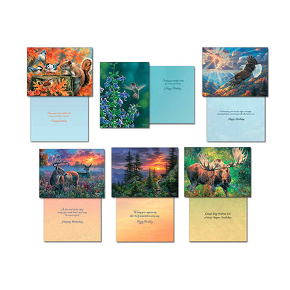 Six assorted greeting cards and their corresponding inside messages, featuring squirrels, hummingbirds, eagle, deer, sunset, and moose.