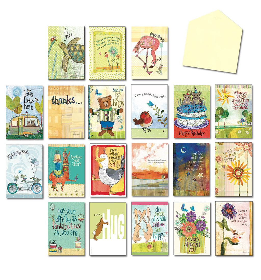 Full display of 20 assorted greeting cards with colorful animal and nature illustrations, alongside one blank envelope, showcasing variety for all occasions.