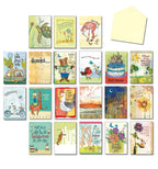 Full display of 20 assorted greeting cards with colorful animal and nature illustrations, alongside one blank envelope, showcasing variety for all occasions.
