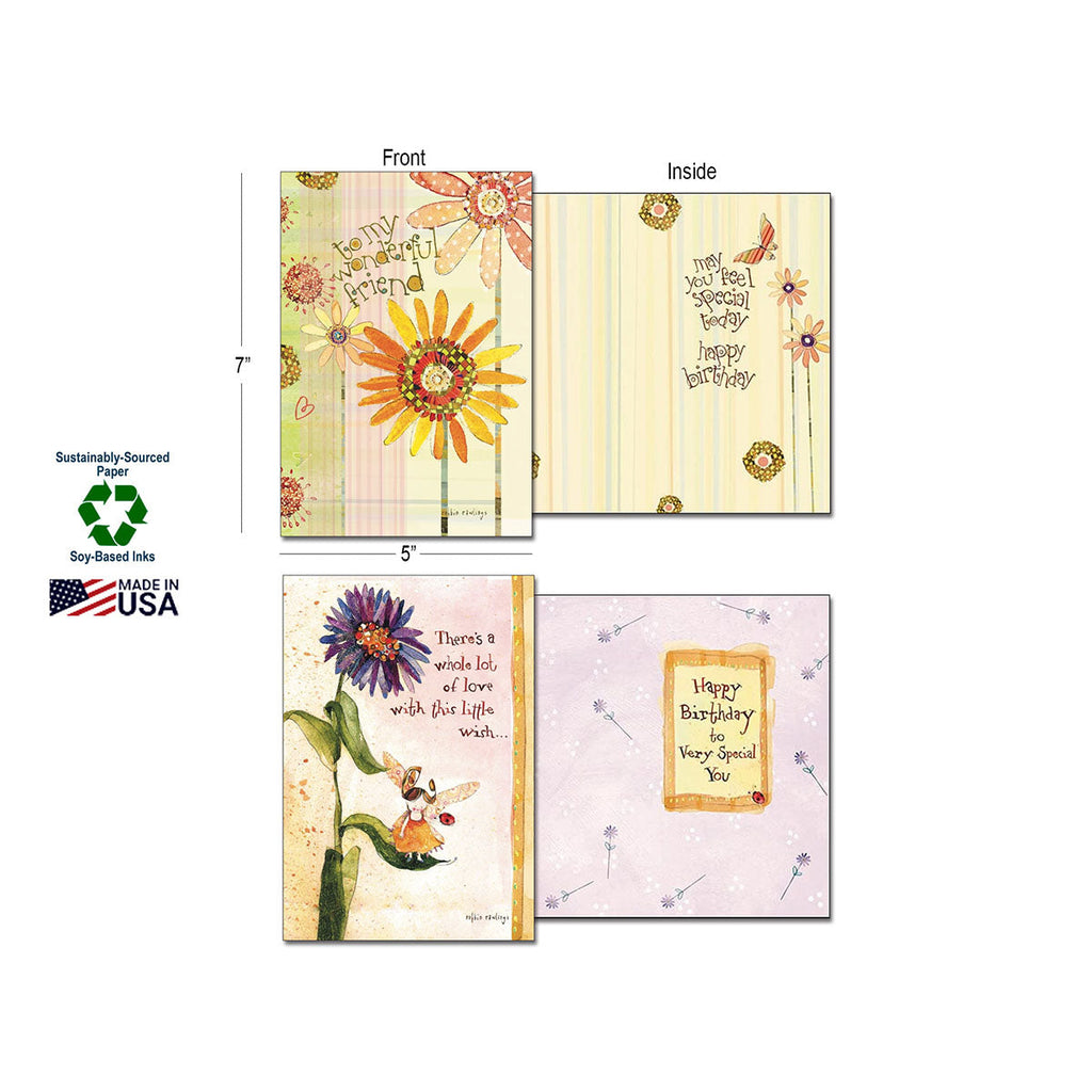 Detail image showing front and inside of two greeting cards (sunflower and purple flower with fairy), highlighting sustainably-sourced paper, soy-based inks, and Made in USA quality.