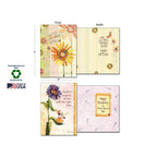 Detail image showing front and inside of two greeting cards (sunflower and purple flower with fairy), highlighting sustainably-sourced paper, soy-based inks, and Made in USA quality.