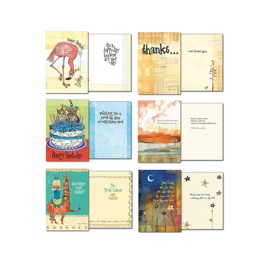 Eight open assorted greeting cards revealing interior messages for occasions like Birthday, Thanks, Sympathy, and a whimsical 'No Prob-Llama!' design.