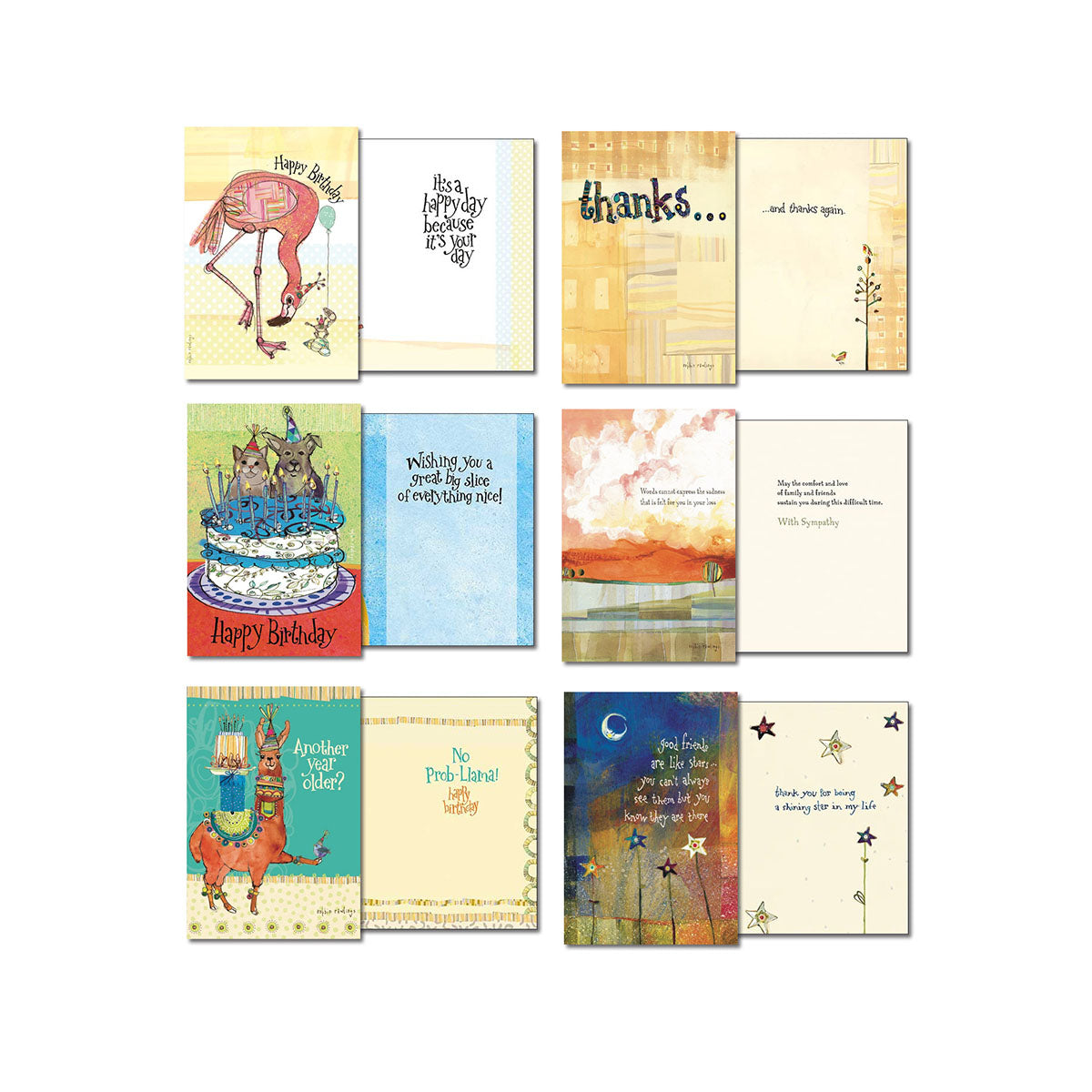 Eight open assorted greeting cards revealing interior messages for occasions like Birthday, Thanks, Sympathy, and a whimsical 'No Prob-Llama!' design.
