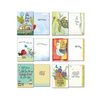 Eight open assorted greeting cards with interior messages for Anniversary, Thinking of You, Birthday, and cheerful sentiments featuring charming illustrations.