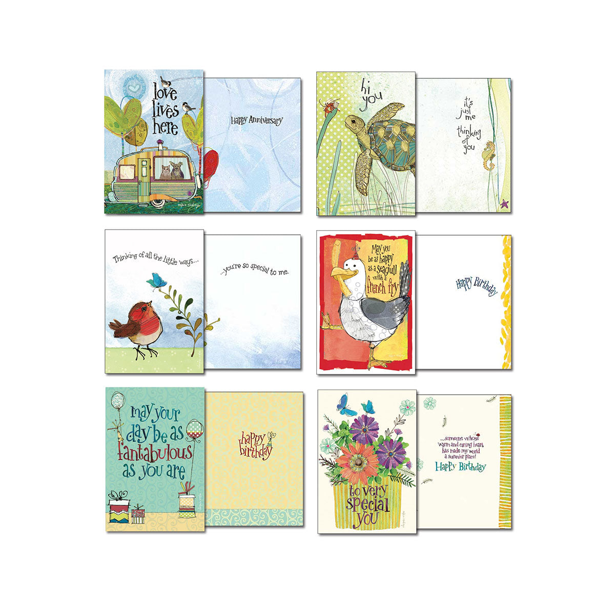 Eight open assorted greeting cards with interior messages for Anniversary, Thinking of You, Birthday, and cheerful sentiments featuring charming illustrations.