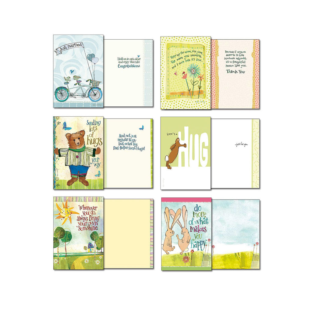 Eight open assorted greeting cards displaying interior messages for Just Married, Thank You, Hugs, and motivating phrases with lovely animal and nature artwork.