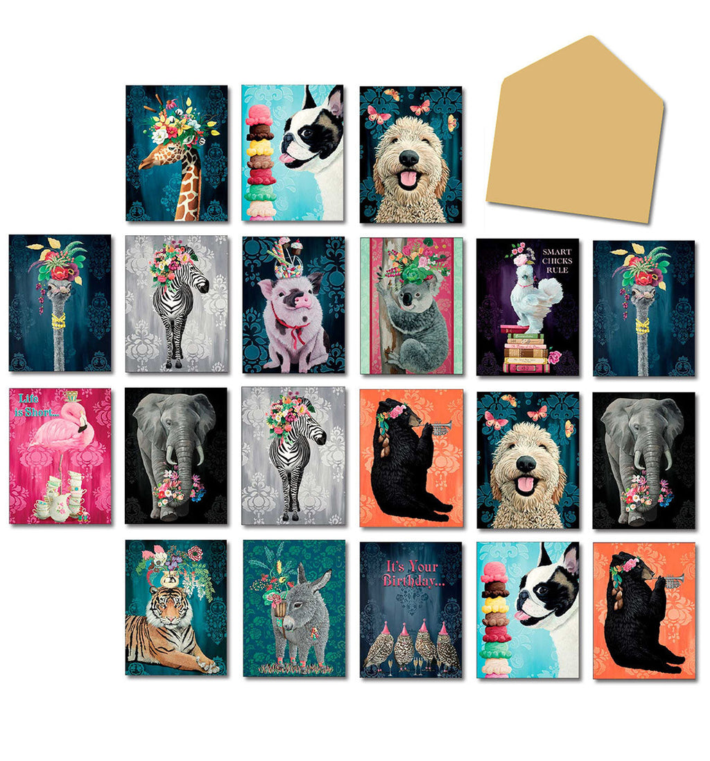 Assortment of 20 unique animal-themed greeting cards with vibrant floral accents and a beige envelope, showcasing various designs including a giraffe, bulldog, golden retriever, zebra, ostrich, elephant, flamingo, and more, by Heather Gauthier for Leanin' Tree.
