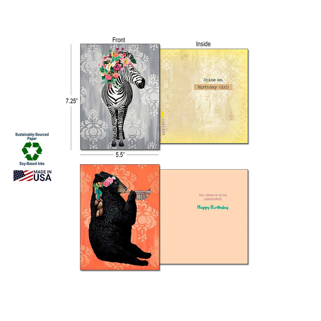 Two greeting card examples showing front and inside. One features a zebra with a floral crown on a grey patterned background, with 'Shine on, Birthday girl!' inside. The second shows a black bear playing a trumpet with flowers, featuring a 'Happy Birthday' message inside, highlighting 'Sustainably-Sourced Paper' and 'Made in USA'.