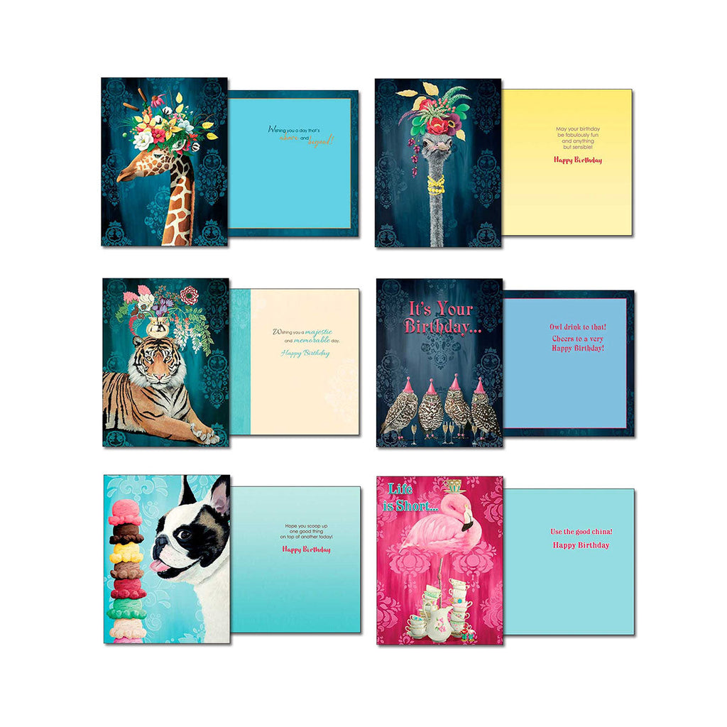 Display of six open greeting cards from the animal floral assortment, showing various fronts like a giraffe, ostrich, tiger, and French bulldog, alongside their corresponding birthday messages and whimsical inner designs.