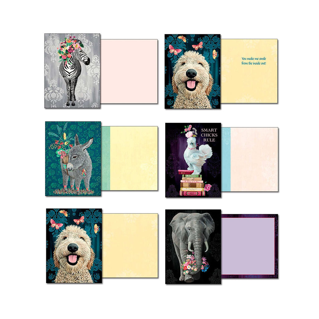 Display of six open greeting cards from the animal floral assortment, showcasing diverse animal fronts such as a zebra, golden retriever, donkey, and a rooster with glasses, revealing messages like 'You make me smile from the inside out!' inside.