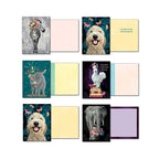 Display of six open greeting cards from the animal floral assortment, showcasing diverse animal fronts such as a zebra, golden retriever, donkey, and a rooster with glasses, revealing messages like 'You make me smile from the inside out!' inside.
