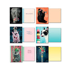 Display of six open greeting cards from the animal floral assortment, featuring enchanting fronts including an elephant, a black bear, a pig, and a koala, with cheerful messages inside like 'Thanks a great big bunch!' and 'Just for you, a little bit 'o' hugs!'.