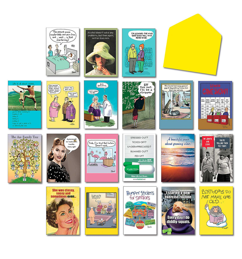 Leanin' Tree Dare to Laugh Harder funny greeting card assortment, 20 adult humor cards featuring diverse cartoon jokes, with a yellow envelope included. Made in USA.