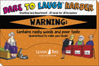 Packaging for 'DARE TO LAUGH HARDER' Greeting Card Assortment, with a warning label 'Contains nasty words and poor taste (guaranteed to make you laugh)' and Leanin' Tree brand logo.