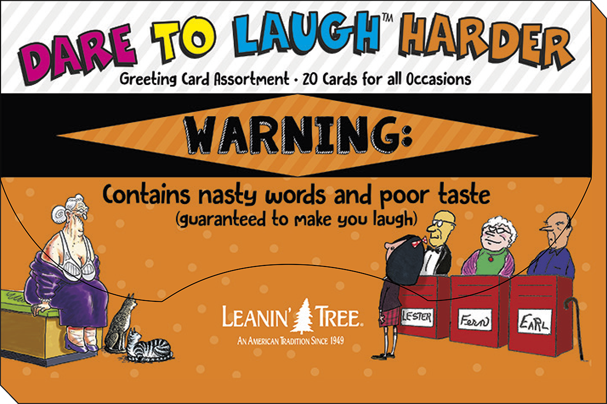 Packaging for 'DARE TO LAUGH HARDER' Greeting Card Assortment, with a warning label 'Contains nasty words and poor taste (guaranteed to make you laugh)' and Leanin' Tree brand logo.