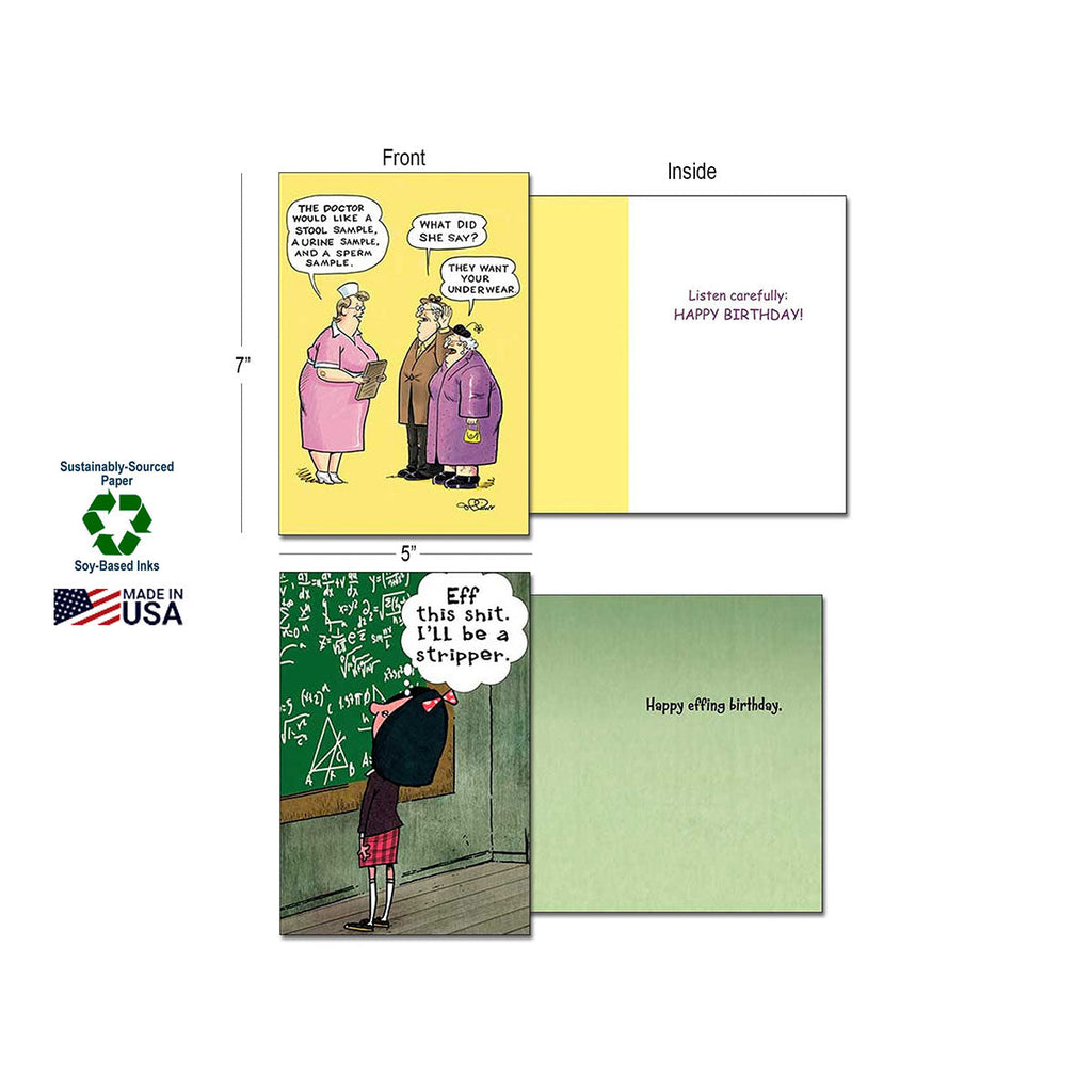 Two example funny greeting cards. One shows a doctor and patient with a urine sample joke. The other features a math problem leading to 'eff this sh*t, I'll be a stripper' and 'Happy effing Birthday' inside. Includes product dimensions and eco-friendly icons.