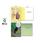 Two example funny greeting cards. One shows a doctor and patient with a urine sample joke. The other features a math problem leading to 'eff this sh*t, I'll be a stripper' and 'Happy effing Birthday' inside. Includes product dimensions and eco-friendly icons.