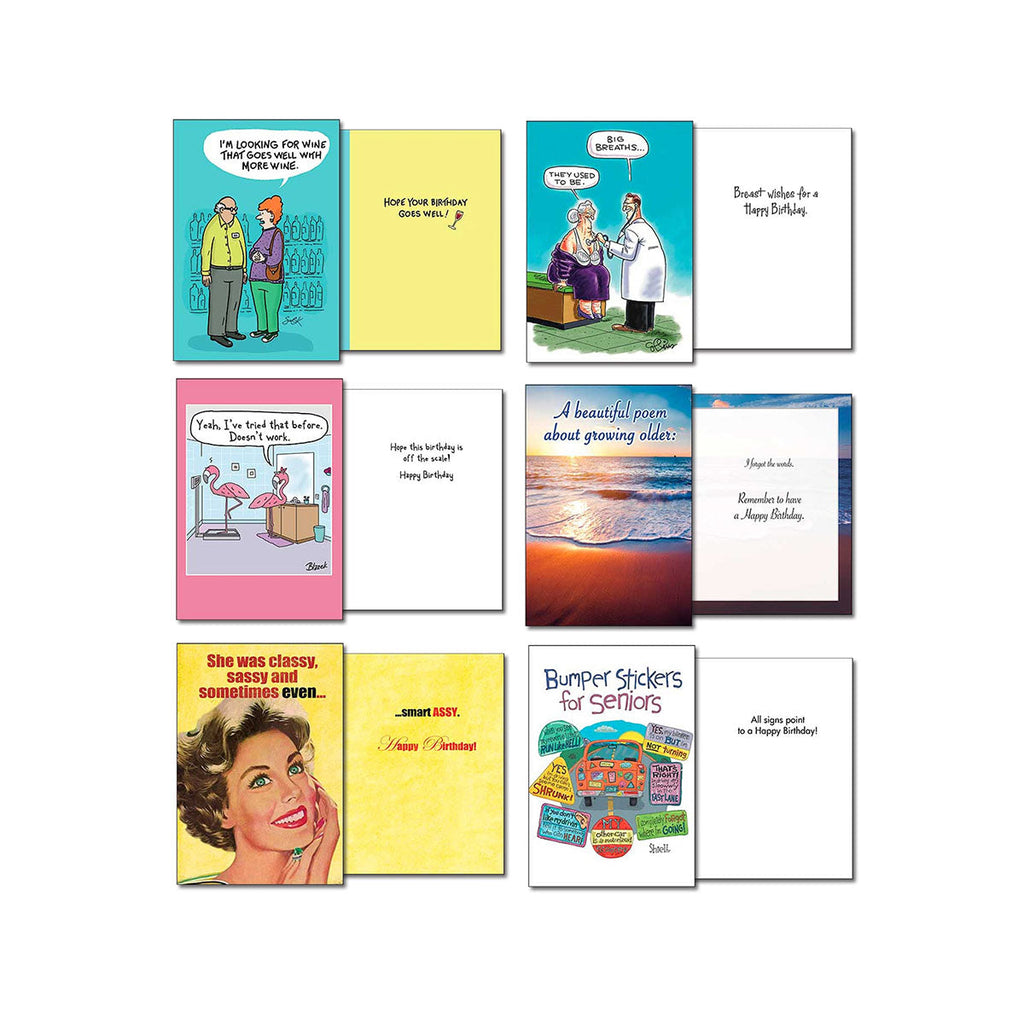 Selection of funny greeting card fronts and their corresponding blank or humorous insides from the assortment, including jokes about wine, doctor's visits, flamingos, ocean views, a sassy woman, and bumper stickers for seniors.