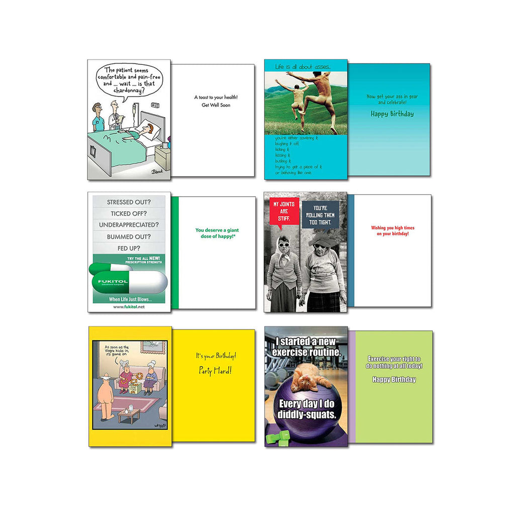 More funny greeting cards displayed, featuring jokes about patient comfort, life's struggles, stress relief, stiff joints, birthday parties, and amusing exercise routines.