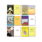Additional funny greeting cards from the assortment displaying fronts and insides, covering humor about alcohol, 'The Ass Family Tree', a cat with many arms, a comic-style birthday card, a retro sassy woman, and 'Birthdays do not make one old...'. Made in USA.