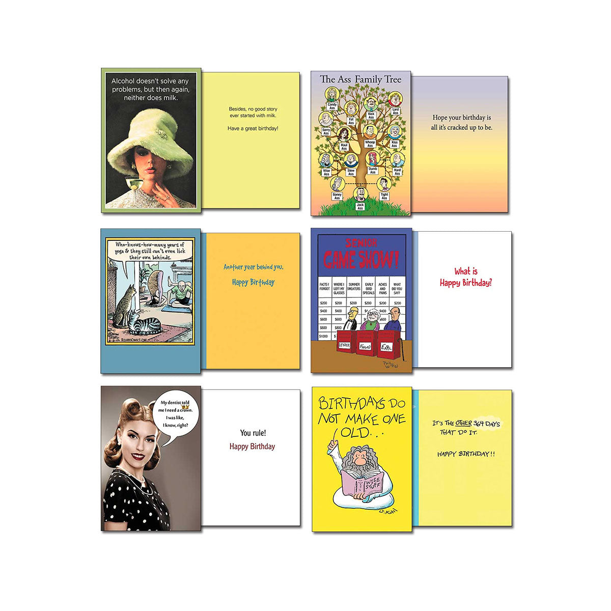 Additional funny greeting cards from the assortment displaying fronts and insides, covering humor about alcohol, 'The Ass Family Tree', a cat with many arms, a comic-style birthday card, a retro sassy woman, and 'Birthdays do not make one old...'. Made in USA.