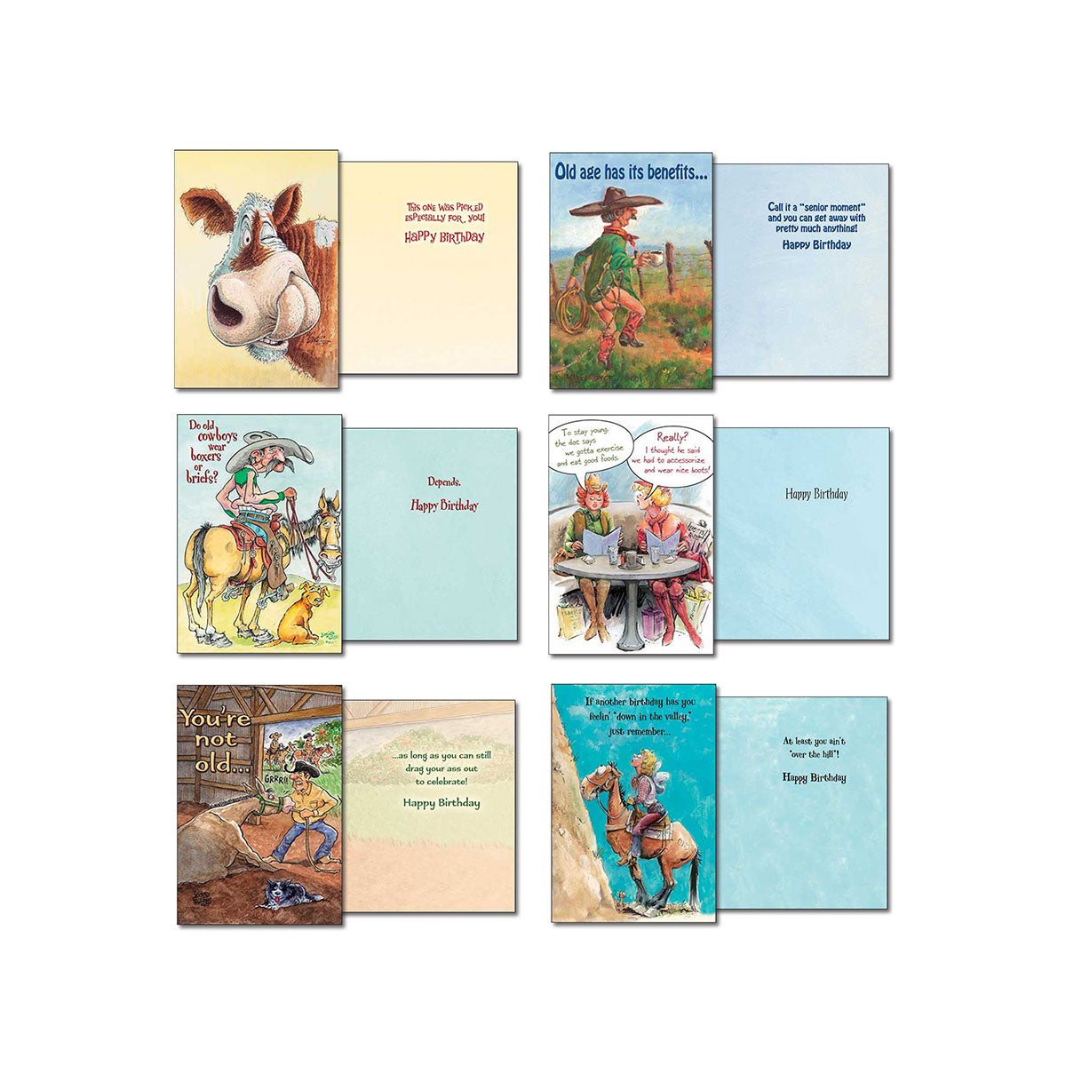 Four more opened Western Chuckles greeting cards. Designs include a cow with a punny message, a cowboy ('Old age has its benefits...'), a conversation between cowboys ('Do old cowboys wear briefs?'), and a woman and man reading a newspaper ('Really?'). Inside messages are humorous birthday greetings.