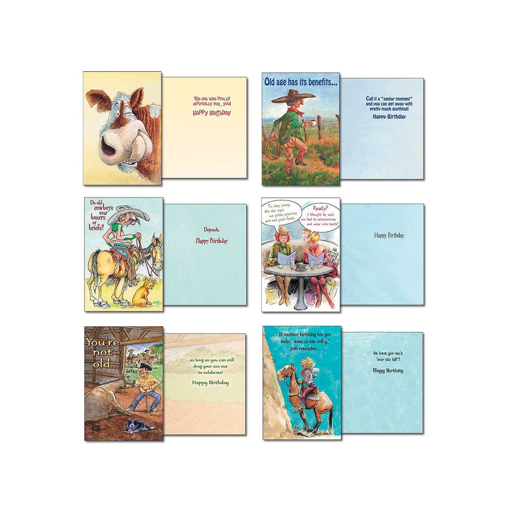 Four more opened Western Chuckles greeting cards. Designs include a cow with a punny message, a cowboy ('Old age has its benefits...'), a conversation between cowboys ('Do old cowboys wear briefs?'), and a woman and man reading a newspaper ('Really?'). Inside messages are humorous birthday greetings.