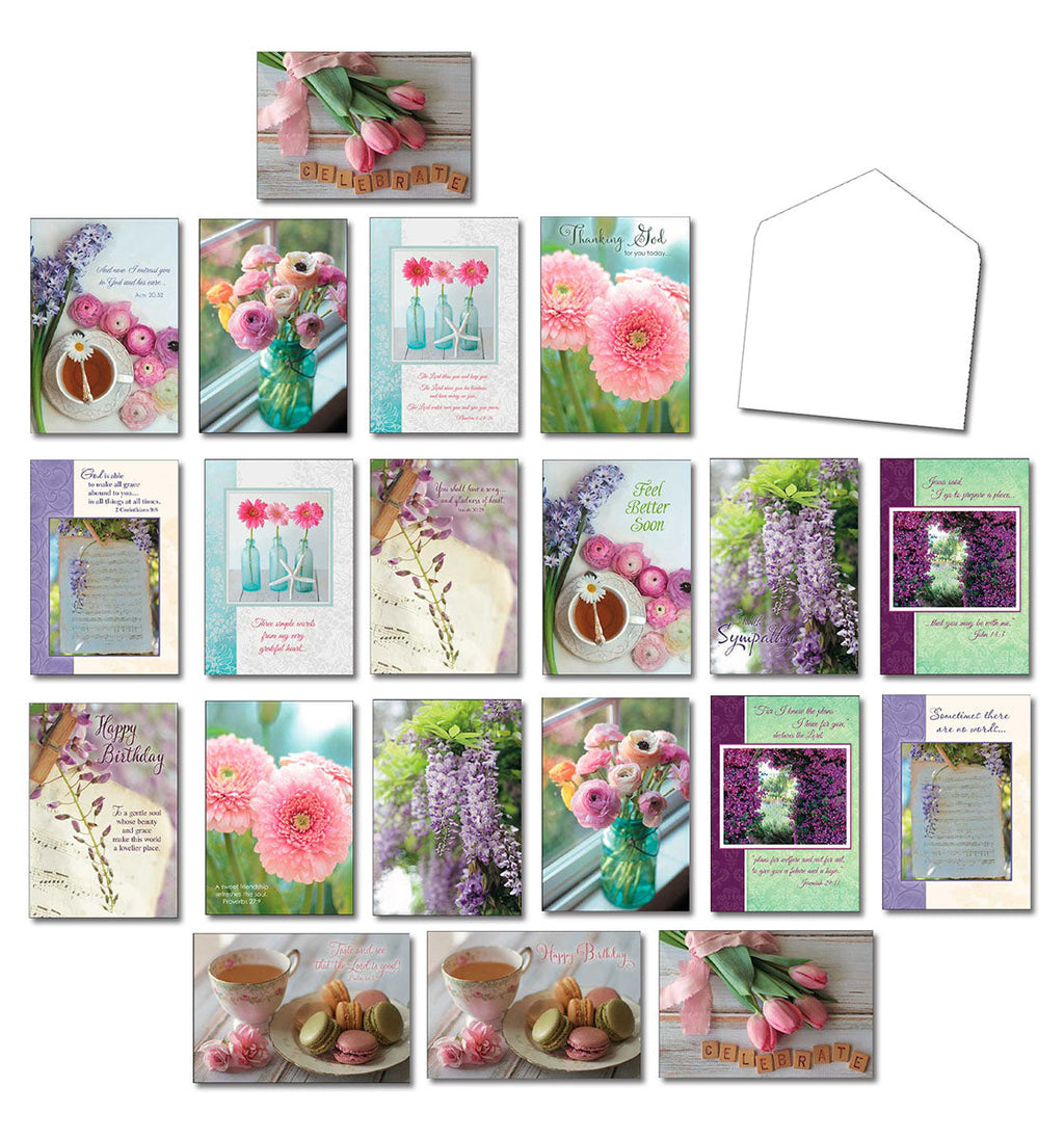 Large assortment of religious greeting cards featuring diverse floral designs for various occasions like birthday, sympathy, get well, and thank you, including envelopes.