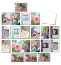 Large assortment of religious greeting cards featuring diverse floral designs for various occasions like birthday, sympathy, get well, and thank you, including envelopes.